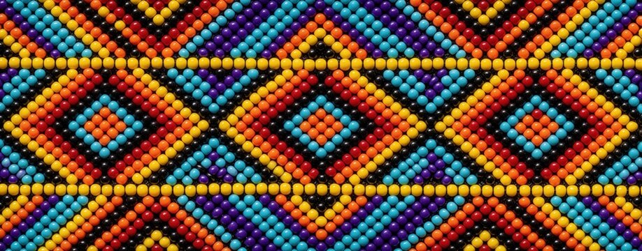 Colorful African beadwork pattern features bright geometric shapes. Traditional ethnic craft design uses small round beads in orange, blue, yellow, purple colors. Tribal art texture provides vibrant
