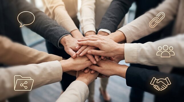 Business colleagues joining hands for professional partnership and network connectivity in modern collaborative office environment