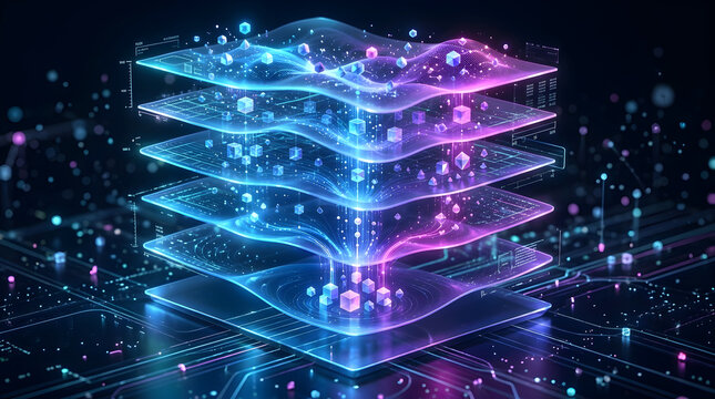 Futuristic digital layers with geometric cubes and glowing data waves representing big data processing, artificial intelligence architecture, neural networks, and advanced cloud computing technology.