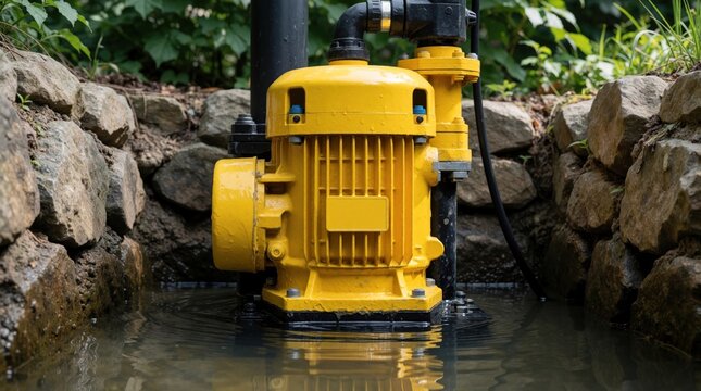 Yellow sump pump sits in water pit surrounded by stone walls. Industrial drainage system prevents flooding in basement garden. Mechanical device manages water level, ensures efficient liquid flow in