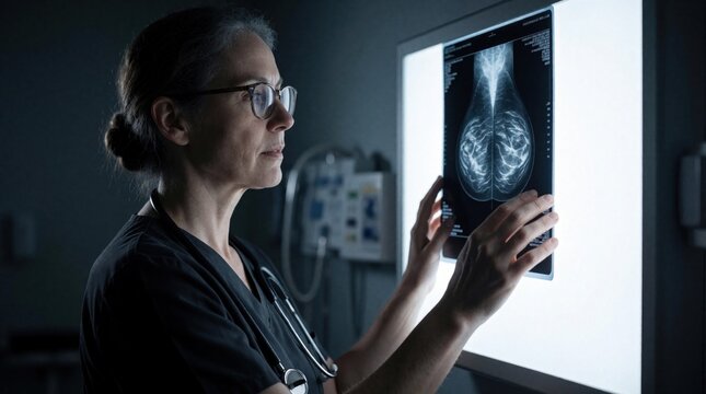 Female radiologist examines mammogram scan on light box in dark hospital room. Pro doctor analyzes breast x-ray for cancer diagnosis. Medical expert uses radiology tech to check oncology results in