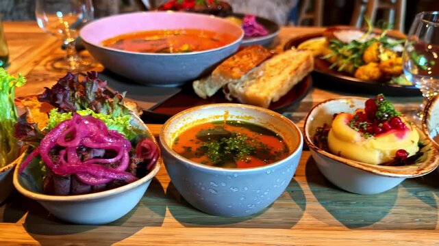 The view moves right across a wooden dining table with bowls of soup, leafy salad, toasted bread, vegetable dishes and a chocolate dessert topped with berries.