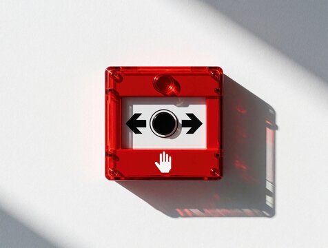 Red emergency fire alarm button on white wall. Manual call point device for safety protection. Person presses button to trigger alert signal in case of fire hazard. Public security equipment for