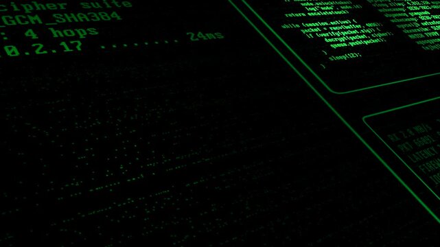 Perspective view of a hack code screen monitor featuring active terminal telemetry, open port scans, and firewall bypass logs for use in cyber thriller content.