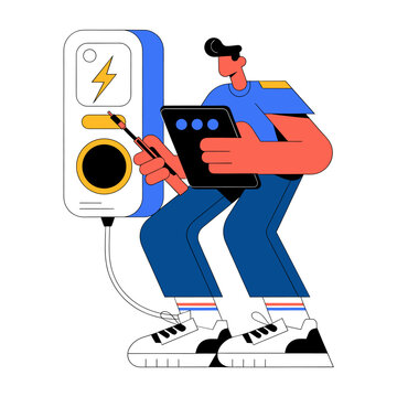 Electric Vehicle Charging Station Maintenance Technician Vector Illustration
