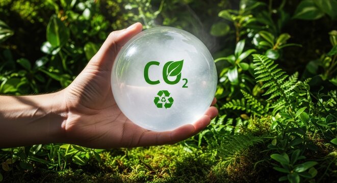 Carbon neutral concept with glowing sphere showing CO2 symbol held in human hand.