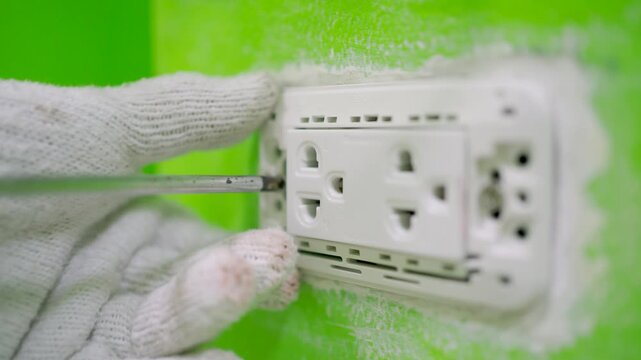 Close-up Hand of an electrician using a screwdriver to install a new electrical outlet in a concrete wall at home.
