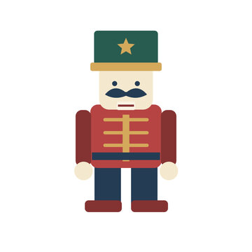 Christmas nutcracker soldier with green hat and red uniform, flat vector