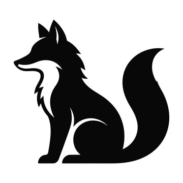 Black silhouette of a sitting fox with a bushy tail on white background