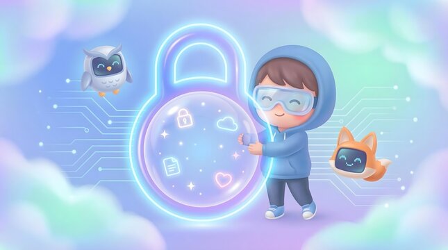 Layered Personal Data Privacy Protection Concept Whimsical Cybersecurity Illustration of Child Protecting Digital Privacy with AI Companions in Cloud Environment