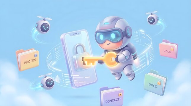Layered Personal Data Privacy Protection Concept Adorable Robot Unlocking Smartphone Data Security with Key Amid Floating Digital Files and Happy Drones