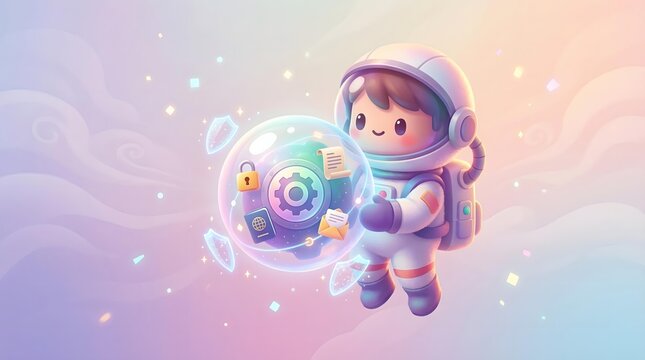 Layered Personal Data Privacy Protection Concept Whimsical Astronaut Exploring Digital World in Futuristic Fantasy Environment with Floating Tech Symbols
