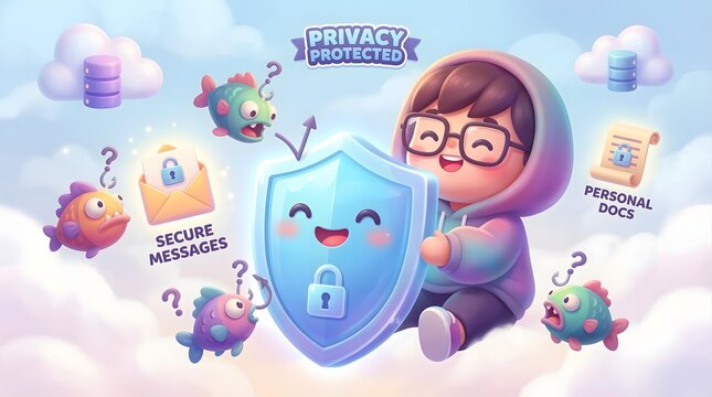 Layered Personal Data Privacy Protection Concept Whimsical Cyber Security Illustration Featuring Smiling Shield, Secure Messaging, and Playful Cartoon Characters in a Cloud Environment