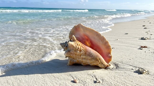Tropical seashell on white sand beach with water and bright sunlight