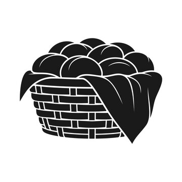 Black and white vector icon of a woven basket filled with freshly baked bread rolls