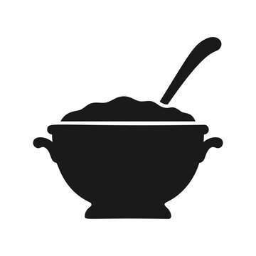 Black vector icon of a soup tureen bowl with food and a ladle serving utensil