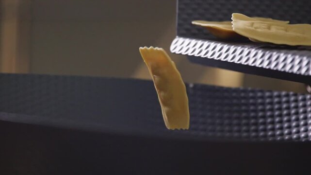 Flat filled pasta slides over a metal feed chute and drops into a curved hopper in a food processing factory.