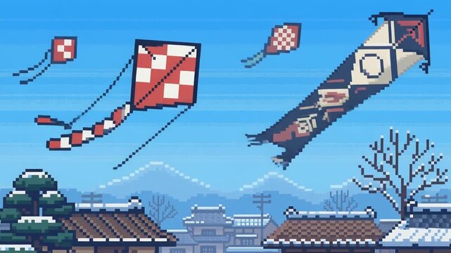 ドット絵の正月の凧が舞う空 ピクセルアートループ動画