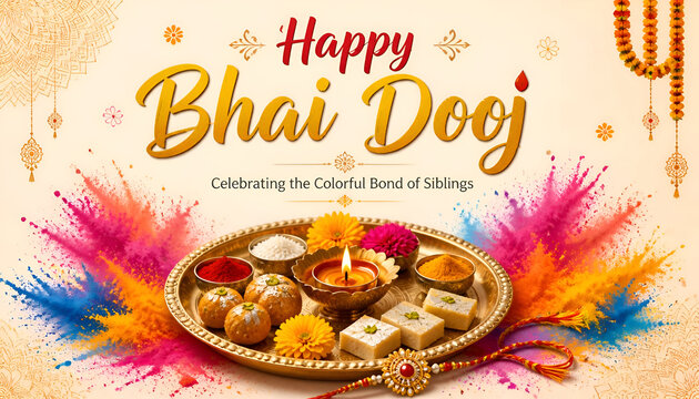 Happy bhai dooj celebrating colorful bond of siblings with plate of sweets and vibrant colors