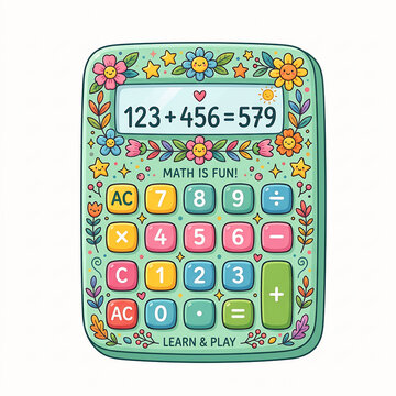 Colorful educational calculator with math addition example design