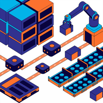 Automated Warehouse Logistics With Robots And Conveyor Belt Vector