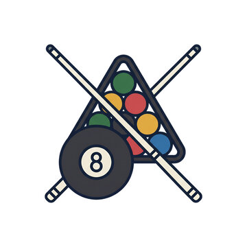 Billiards vector graphic featuring an eight ball crossed cues and a rack filled with colorful pool balls.