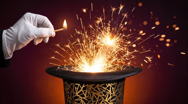 Magician hand in white glove lighting sparkler firework inside black top hat, magical performance concept, mystery entertainment show, celebration and festival background.