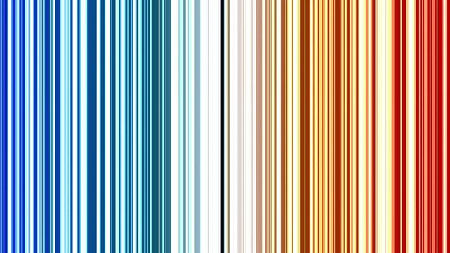 Animated vertical temperature stripes visually represent global climate change progression and long-term warming trends.