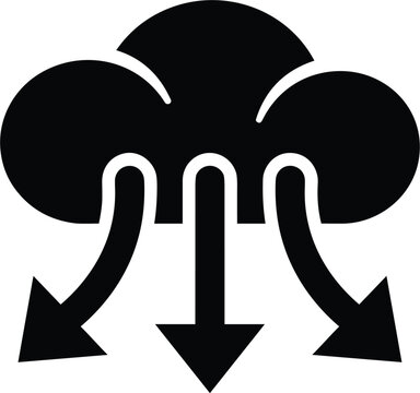 Black cloud distribution silhouette icon with three outward spreading arrows representing network data broadcasting transmission