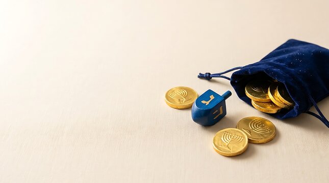 A festive hanukkah scene gold coins dreidel and a bag overflowing with celebration and joy
