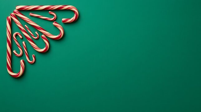 Festive christmas candy canes arranged in a corner pattern on a solid dark green background with copy space