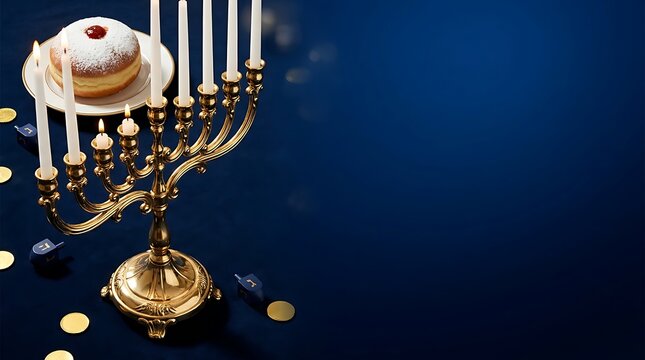 A beautiful hanukkah scene golden menorah delicious sufganiyot and festive blue background