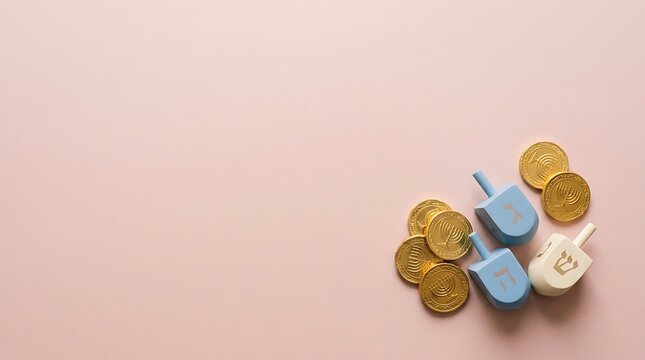 A beautiful hanukkah scene with golden chocolate coins and blue dreidels on a soft pink background