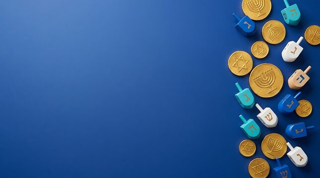 A vibrant hanukkah celebration background with gold coins dreidels and menorah elements for festive designs