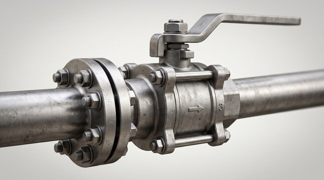 Industrial stainless steel ball valve with flanged pipe connection.