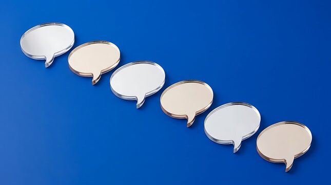 Six reflective speech bubbles arranged in a diagonal line on blue surface