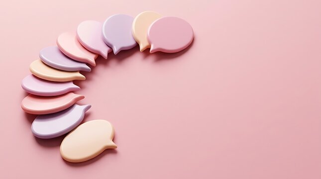 A circular arrangement of colorful pastel speech bubbles on pink background