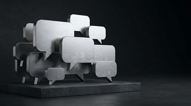 Stack of silver speech bubbles on a stone base for a happy new year