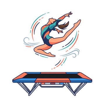 Gymnast performing an acrobatic leap high in the air above a trampoline during an energetic routine.
