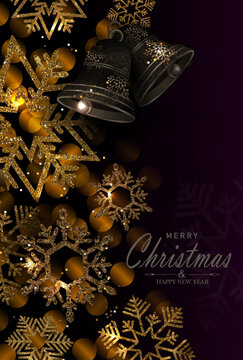 Merry Christmas. Holiday card with golden snowflakes and a bell
