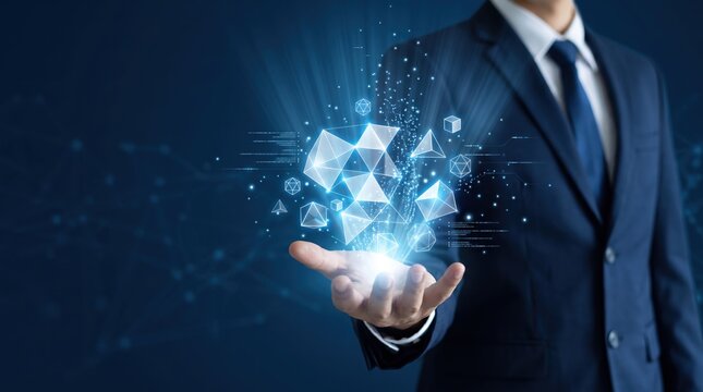 Businessman holding glowing 3D blockchain network structure representing cryptocurrency and digital assets, fintech innovation concept, secure decentralized ledger technology