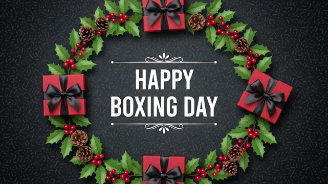Happy Boxing Day festive wreath gift box promo greeting holiday event celebration 3d render motion graphic animation loop
