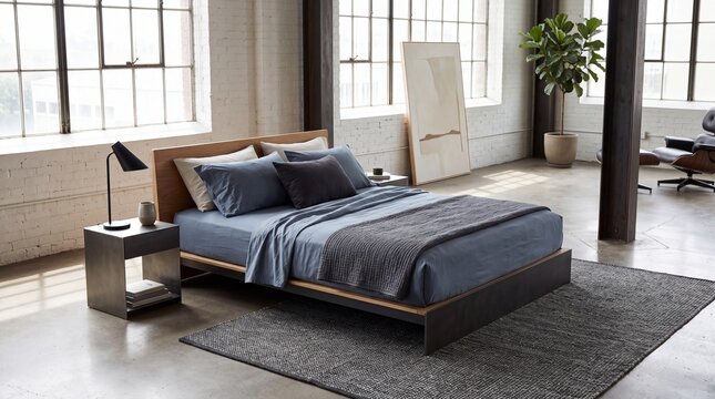Minimalist platform bed with blue bedding in industrial loft bedroom