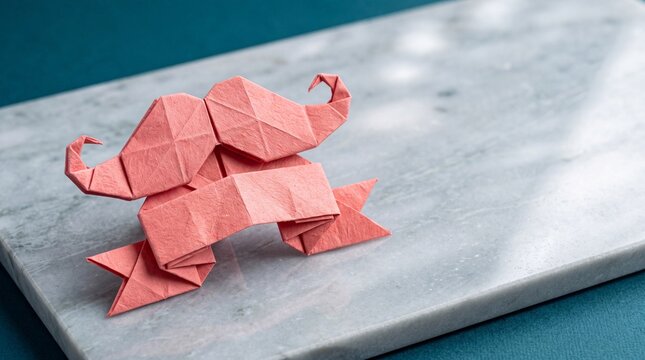Pink origami paper mustache with a ribbon sculpture resting on a polished marble slab surface