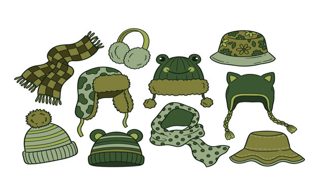 Winter hat and scarf green vector set. Beanie, bucket hat, earmuffs, trapper hat, animal ears, plaid scarf and polka dot clothing.