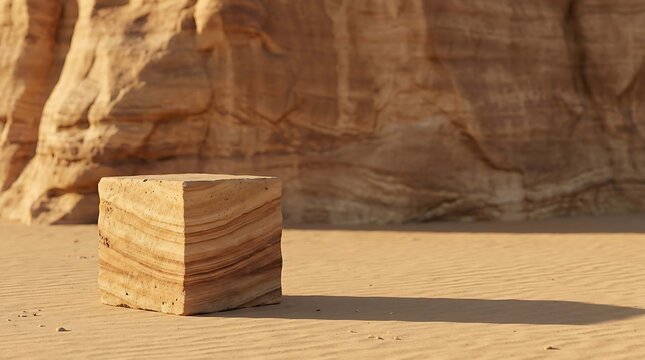 A textured sandstone cube sitting on a desert sand dune with a large rock formation in the background under warm golden hour sunlight