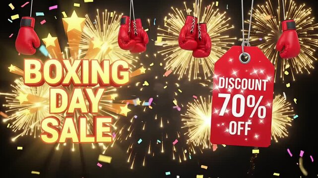 Boxing Day Sale Discount 70% Off promo retail event boxing gloves fireworks 3d render motion graphic animation loop
