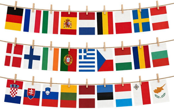 Drapeaux de l&rsquo;Union europ&eacute;enne sur ficelles avec pinces &agrave; linge 