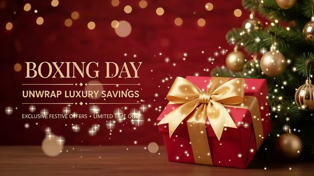 Boxing Day Unwrap Luxury Savings sale promo discount gift box gold ribbon festive tree sparkles motion graphic loop
