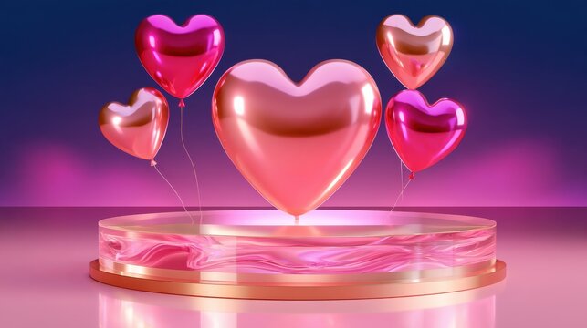 Glossy heart shaped balloons floating above transparent glass podium with pink and gold marbled base, valentines theme